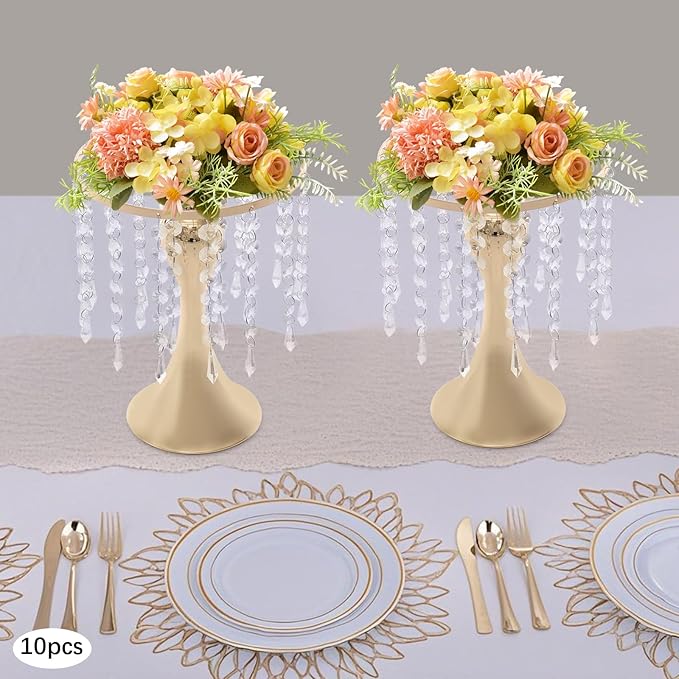 10 Pcs Glam Crystal Flower Stands, Wedding Reception Decorations with Sparkling Crystal Beads Table Center Display Flower Arrangement Flower Stand Metal Vase for Event Decor (Gold, Height:10.23in)