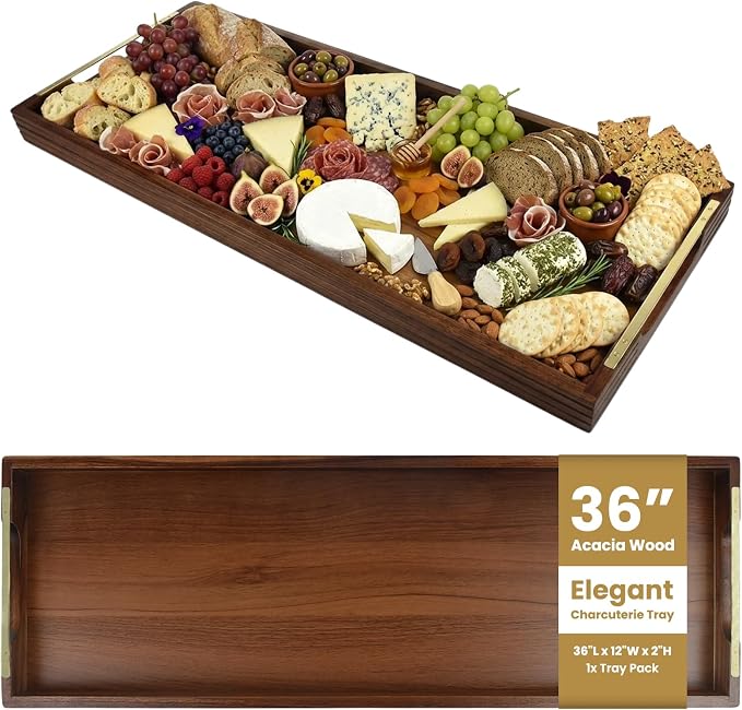 36" Acacia Wooden Charcuterie Board with Handles, Extra Long Cheese & Serving Tray for Party Appetizers, Bread, Meat & Fruit Display, Natural Wood Kitchen Platter for Entertaining