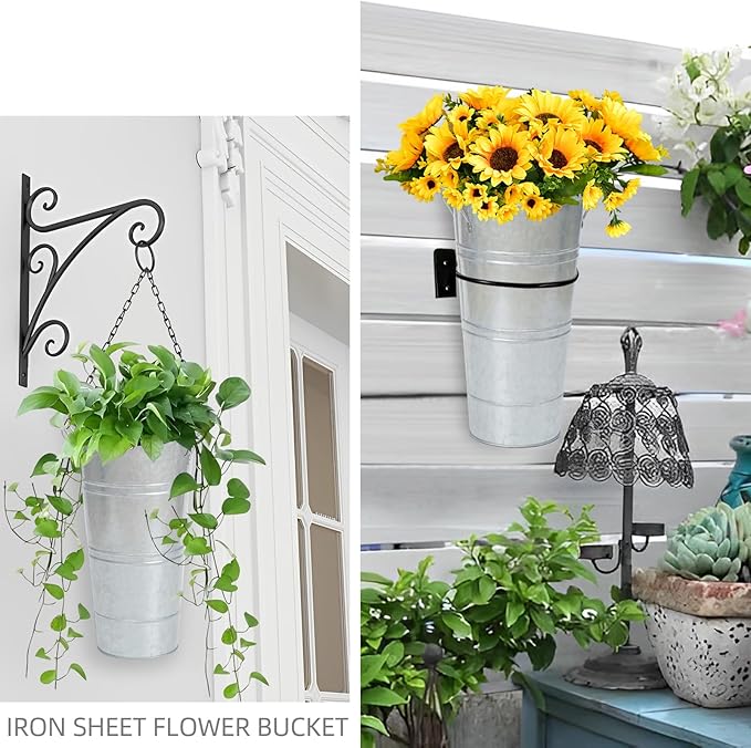Notakia 10.62 Inch Galvanized Metal Vases Farmhouse French Flower Bucket Vases for Cut Flowers for Home Decor and Wedding Table Centerpiece Decorations (Medium Silver 4Pcs)