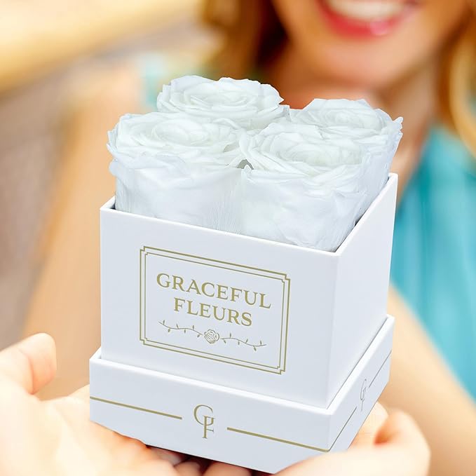 Graceful Fleurs | Real Long Lasting Roses for Years | Preserved Fresh Flowers for Delivery Birthday | Birthday Gifts for Women | Forever Roses in a Box (White, White Box, 4 Roses)