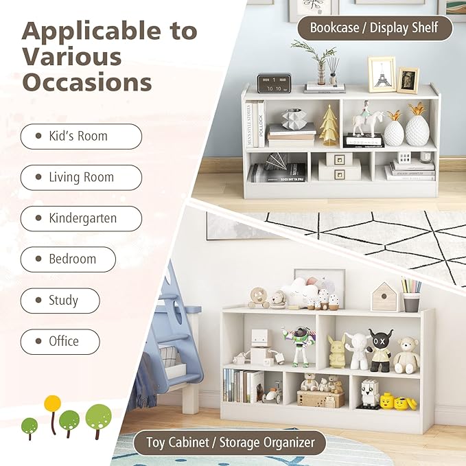 Toy Storage Organizer, 2-Tier Kids Bookshelf, 5 Cube Kids' Bookcases, Cabinets & Shelves, Wooden Toy Organizers, Small Book Shelf for Bedroom, Playroom, Classroom, Nursery (White)