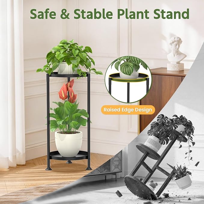 LASZOLA 2 Tier Plant Stand Indoor with Large Metal Tray, Corner Round Flower Holder Rack Tall Outdoor, Morden Planter Display Shelf for Patio Porch Garden Office Living Room, Black