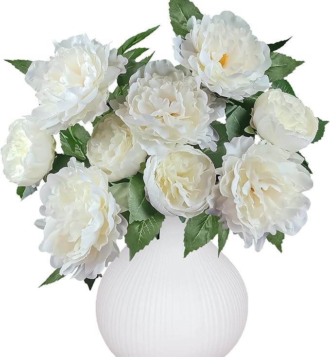 Premium White Peonies Artificial Flowers, Bulk Fake Silk Peony Flowers with Stems, Faux Florals for DIY Wedding Bridal Bouquets, Floral Arrangements, Table Centerpieces, Home Decorations