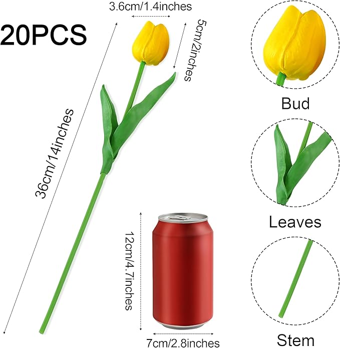 20pcs Yellow Tulips Artificial Flowers Fake Silk Tulips Real Touch Flowers for Spring Kitchen Wedding Home Decor Arrangements Easter Decor 14 Inch