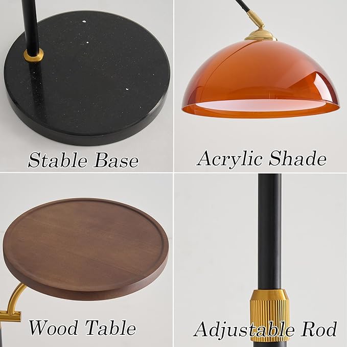 MIXL-Black Arch Floor Lamp with Wood Table,2-Tier Shade Over Couch Curved Floor Lamp,Unique Ambient Lighting,Mid Century Modern Standing Light for Office Nursery