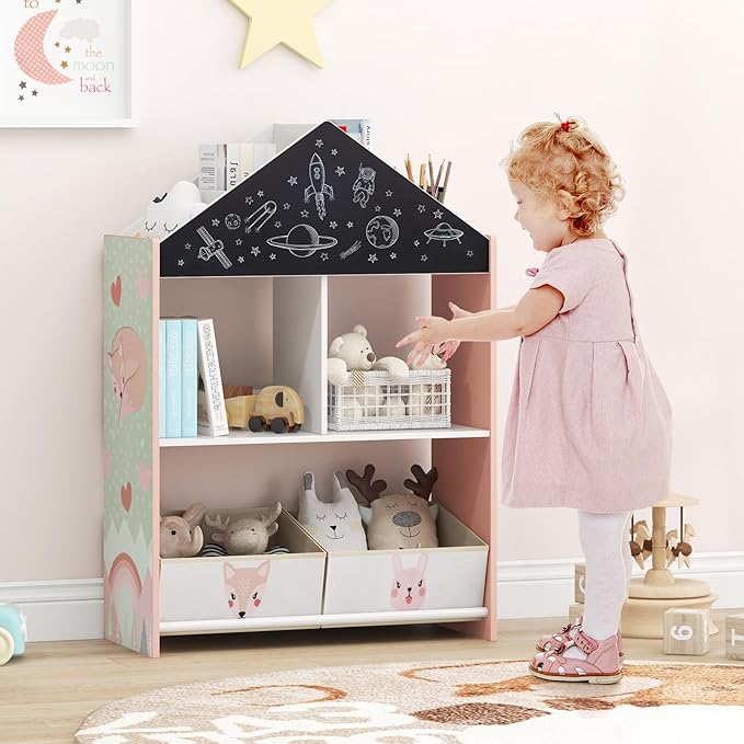 HONEY JOY Toy Storage Organizer, Wooden Dollhouse Bookcase w/Blackboard, Whiteboard, Storage Bins, Toddler Book Shelf, Children Toy Display Chest Cubby, Kids Bookshelf for Playroom Nursery (Pink)