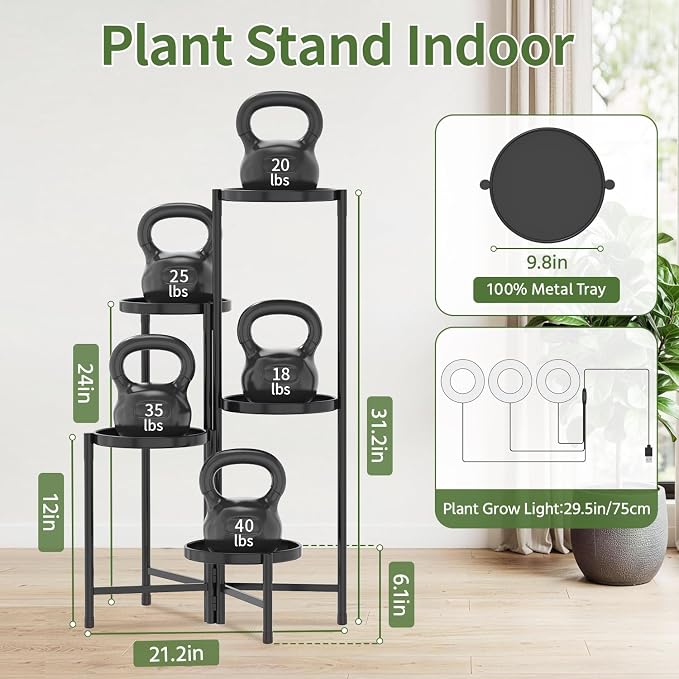 LASZOLA 5 Tier Large Plant Stand Indoor Tall with Grow Lights, Corner Folding Flower Display Rack with 10 Inch Metal Tray, Modern Plant Holder Shelf for Outdoor Patio Porch Garden Living Room, Black