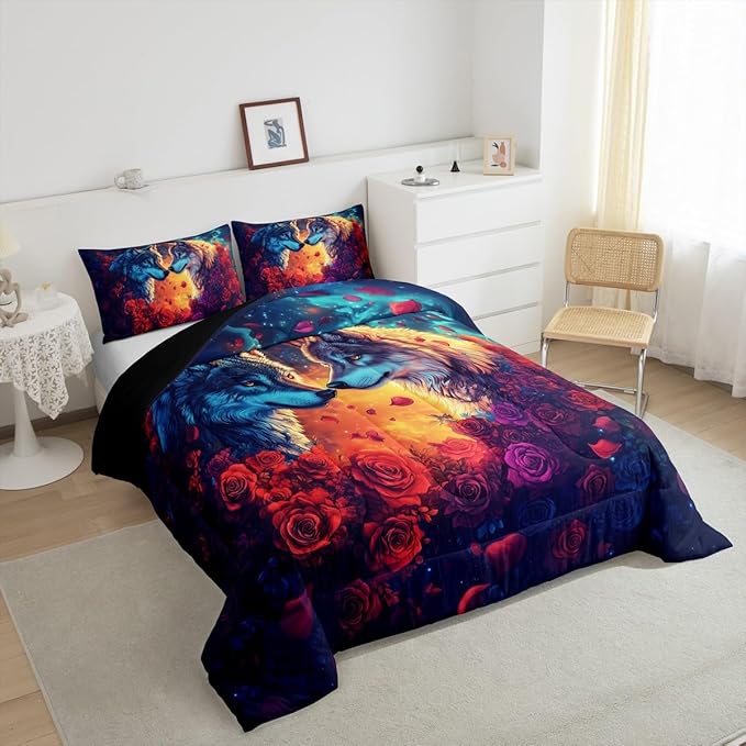 Wolf Comforter Set King Size,Wild Animal Print Couple Theme Reversible Bedding Set All Season Quilt Set,Romantic Red Rose Flowers Watercolor Galaxy Microfiber Polyester Down Comforter