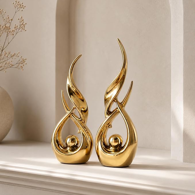 2 PCS Gold Ceramic Statues for Home Decor Accents, Modern Abstract Art Sculptures, Elegant Tabletop Decorative Objects for Dining Room, Entryway, Tv Stand, Mantel, Coffee Table Centerpieces