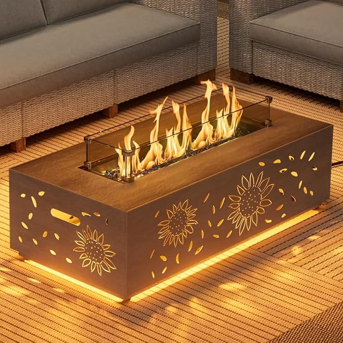 2-Piece 42" LED Rectangular Propane Fire Pit for Outside Patio with Hidden Tank Table, 50,000 BTU Fireplaces with Glass Wind Guard, Lid, Glass Rocks, Cover(Sunflower w/Warm Light)