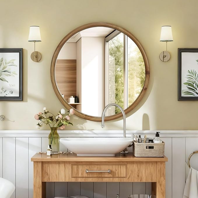 31.50" Round Wood Framed Wall Mirror Natural Wooden Circle Mirror for Bathroom Entryway Mid-Century Modern Decorative Mirror