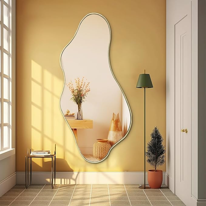 Large Irregular Wall Mirror, 63"x29.2" Asymmetrical Full Length Mirror with Gold Metal Frame, Organic Shaped Mirrors for Living Room Bedroom Hallway Entryway, Horizontal or Vertical Hanging