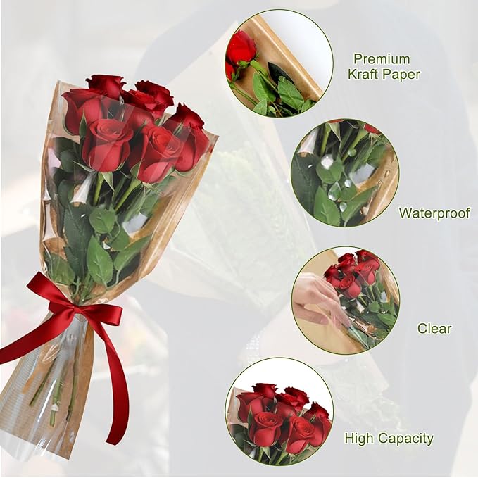 Gainspra 50pcs Flower Bags for Bouquets, 22x14x4.7'' Large Floral Wrapping Sleeves, Brown Kraft Papers