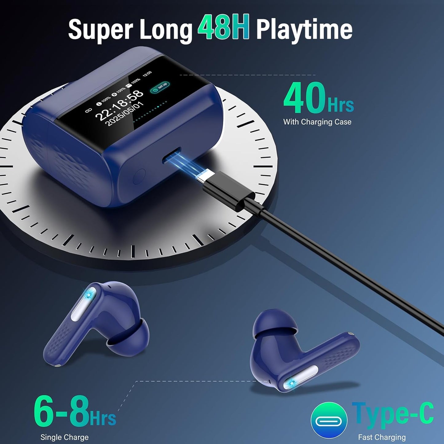 Skiennix AI Translation Earbuds - Real-Time 164 Languages Translator with 7 Modes | 48H Battery Life, Touch Screen & App, Blue