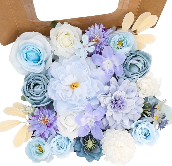 SwanMoon Artificial Flowers Combo Box Set, 26pcs Blue Silk Roses & Daisy with Stems for DIY Wedding Bouquets, Party Centerpieces & Home Decor