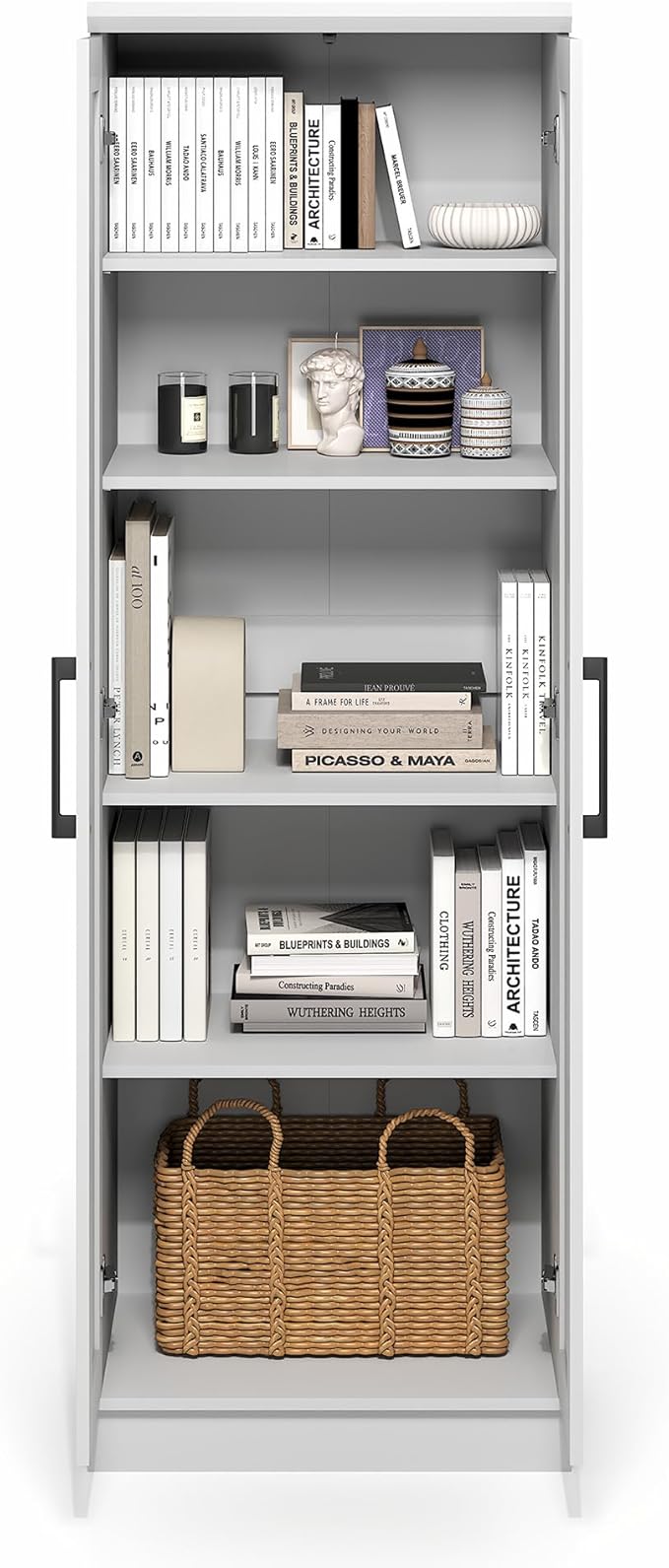 Furinno Robin Storage Cabinet, 5-Tier Pantry Cabinet with Adjustable Shelves, 23W with 2 Shaker-Doors, Kitchen Cabinet, Organization and Storage, for Pantry, Living Room, Home Office, White