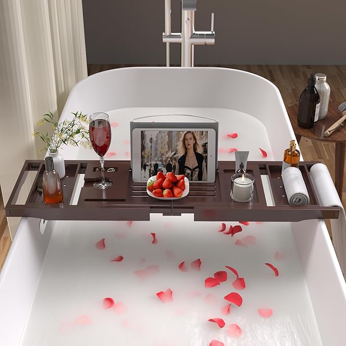 Bathtub Caddy Tray for Tub,Foldable Bath Table Trays,Bamboo Shelf with Book and Wine Glass Holder,Bathroom Accessories Suitable for Luxury Spa or Reading,Brown