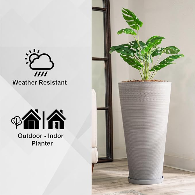 XBrand Modern 28-Inch Tall Round Planter, Modern Tapered Planter Perfect for Indoor & Outdoor Planter, Patio Décor, Gray