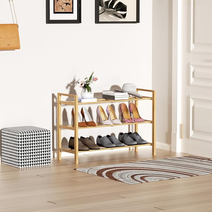 Haddockway Bamboo Shoe Rack for Closet, Free Standing Shoe Organizer with Smooth Round Rods & Convenient Handles, Stackable Shoe Storage Shelf for Entryway, Hallway(Natural, 3-Tier)