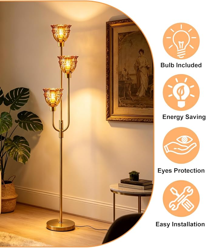 Lightdot 66IN 3-Lights Modern Glass Floor Lamp Gold Dimmable Floor Lamps with 3000K Warm White Bulbs for Wedding Party Tall Standing Lamp with Amber Glass Shade for Living Room/Bedroom/Home Decor