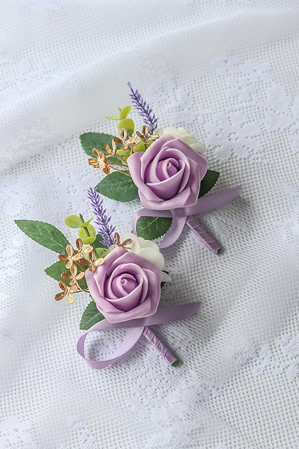 6PCS Purple Lavender Boutonniere for Men, Lilac Boutonniere Pins for Men Groomsmen Guest Boutonniere, Artificial Flowers for Wedding Decor Prom Homecoming