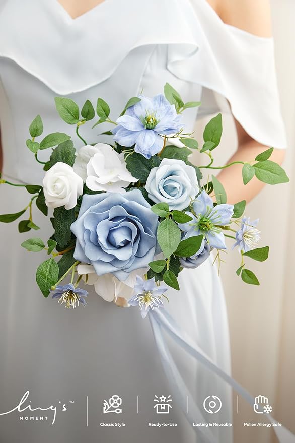 Ling's moment Bridesmaid Bouquet, Blue Wedding Bouquets for Bridesmaids, 7 Inch Bridal Bouquets for Bridesmaids, Wedding, Ceremony, Anniversary, etc.