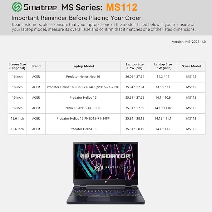 Smatree MS112 Hard EVA Protective Sleeve Case with Stand Compatible for for 16 inch Acer Predator Helios 16/Neo 16 Gaming Laptop,for Nitro 16 AN16-41-R6HK,15.6inch Predator Helios 3D 15 Spatiallabs