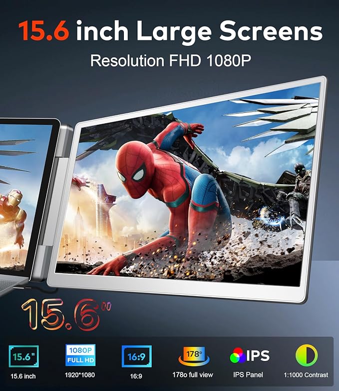 FQQ 15.6" Laptop Screen Extender, Left Screen 360° Flip Triple Screen Monitor Extender, FHD 1080P IPS Portable Travel Monitor Display, fit for 12–18.5" Laptops, Compatible with Windows and MacBook-S10