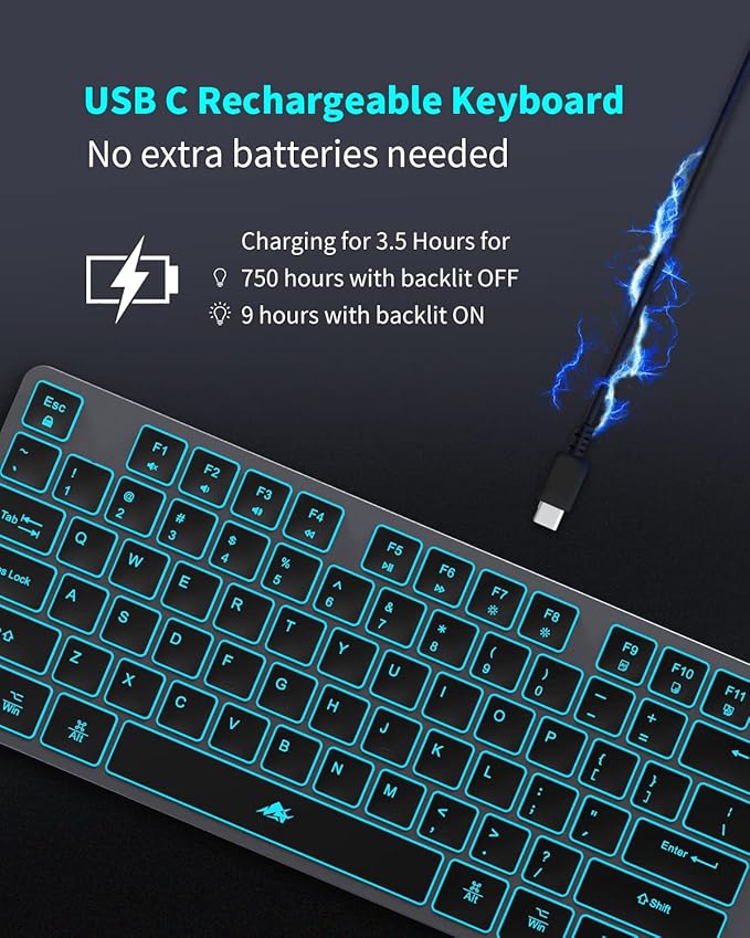 Wireless Backlit Keyboard, Rechargeable USB Silent Keyboard, 2.4G Cordless Full Size, Compatible with Apple iMac, MacBook and PC, Computer Laptop, Space Gray…