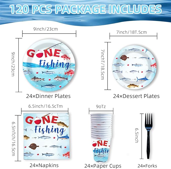 Gone Fishing Birthday Party Plates and Napkins Decorations Kit, Ofishally One Fisherman Tableware Supplies for Birthday Little Fisherman Favors Party Decor Service 24 Guests