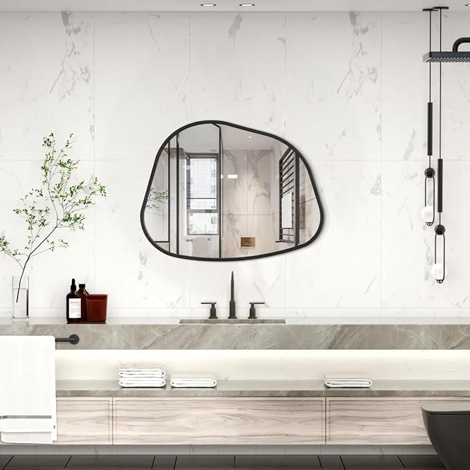 Irregcular Wall Mirror 20"x16" Black Asymmetrical Bathroom Mirror Metal Framed Modern Decorative Vanity Mirrors for Bedroom Living Room Entryway