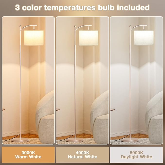 Ambimall 60" Floor Lamp for Living Room with 3 Color Temperatures, Adjustable Beige Shade with Light Gold Pole, Tall Lamp for Bedroom Office Classroom Dorm Room, 9W Bulb Included