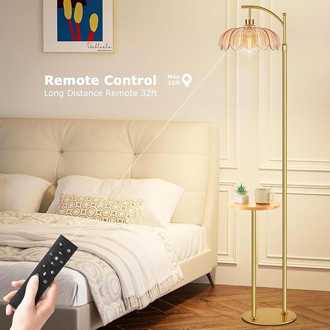 QIYIZM Gold Floor Lamp with Table and Shelves for Living Room Bedroom,Glass Standing Lamp with Remote Dimmable,Boho Brass Tall Lamp Vintage Farmhouse Arc Flower Floor Light Bohemian