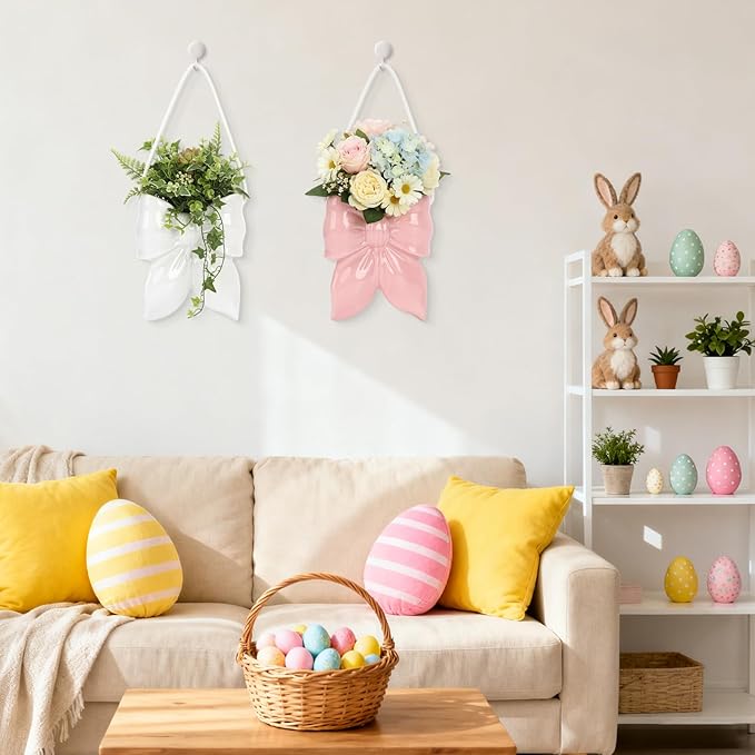 2 Pack Ceramic Hanging Planter Wall Vase with Rope, Bow Design for Indoor Plants, Fresh and Dried Flowers, Home Office Bathroom Living Room Bedroom Wall Decor