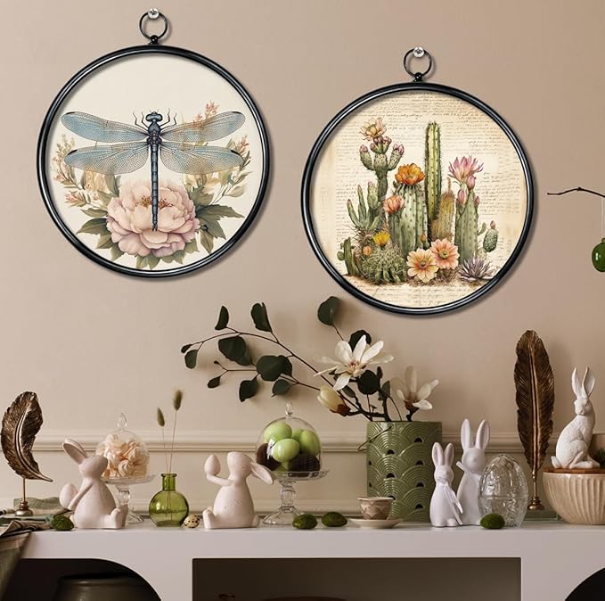 XIAOAIKA Round Vintage Wall Hanging Decor, Printed Textured Surface with Wood Back, Dragonfly Design, Black Metal Frame, Ready to Hang for Living Room Bedroom, 10 Inch