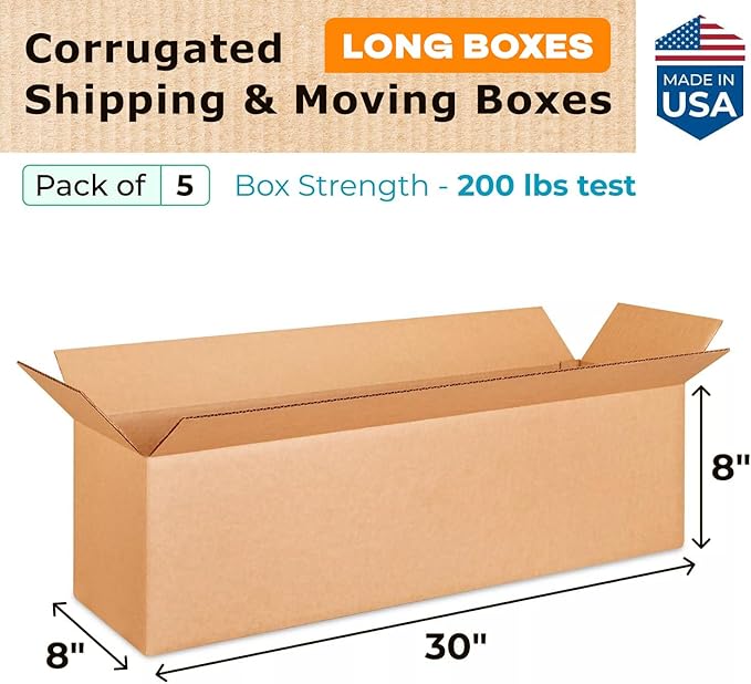Long Shipping & Moving Boxes 30 x 8 x 8 inches (5-Pack) - Extra Strength 200 lb vs Regular - Corrugated Packing Boxes for Moving - Packaging Box for USPS, FedEx - Box Shipping by IDL Packaging