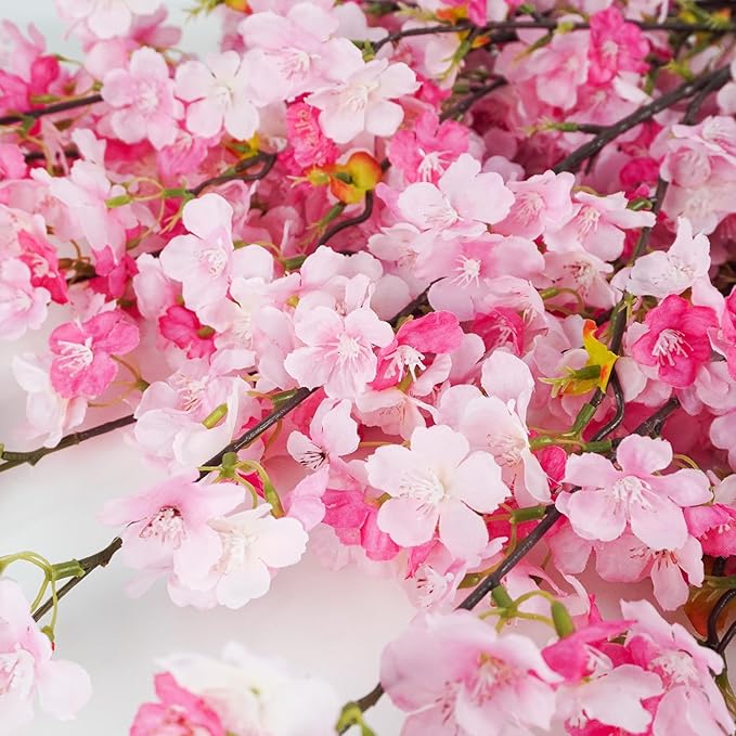 8 Pcs Artificial Cherry Blossom Flowers 40" Faux Silk Cherry Blossom Stems Fake Real Touch Peach Branches for Wedding Home Garden Japanese Decor Pink