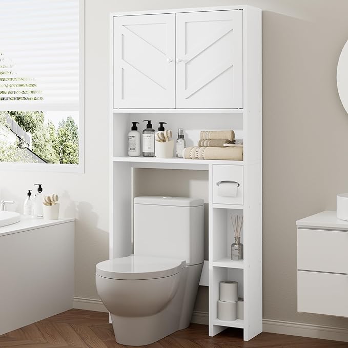 Bathroom Storage Cabinet Over Toilet with Toilet Paper Holder Stand, Freestanding Bathroom Storage Organizer Cabinet Space Saver W/Adjustable Shelf, White