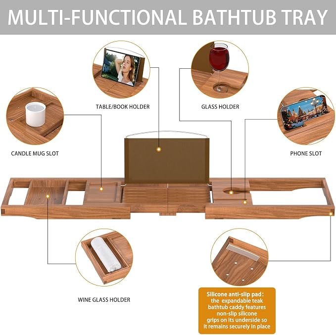 Teak Bathtub Caddy Tray for Tub, Foldable Luxury Bath Table Tray with Book and Wine Glass Holder, Expandable Bathroom Accessories for Spa or Reading