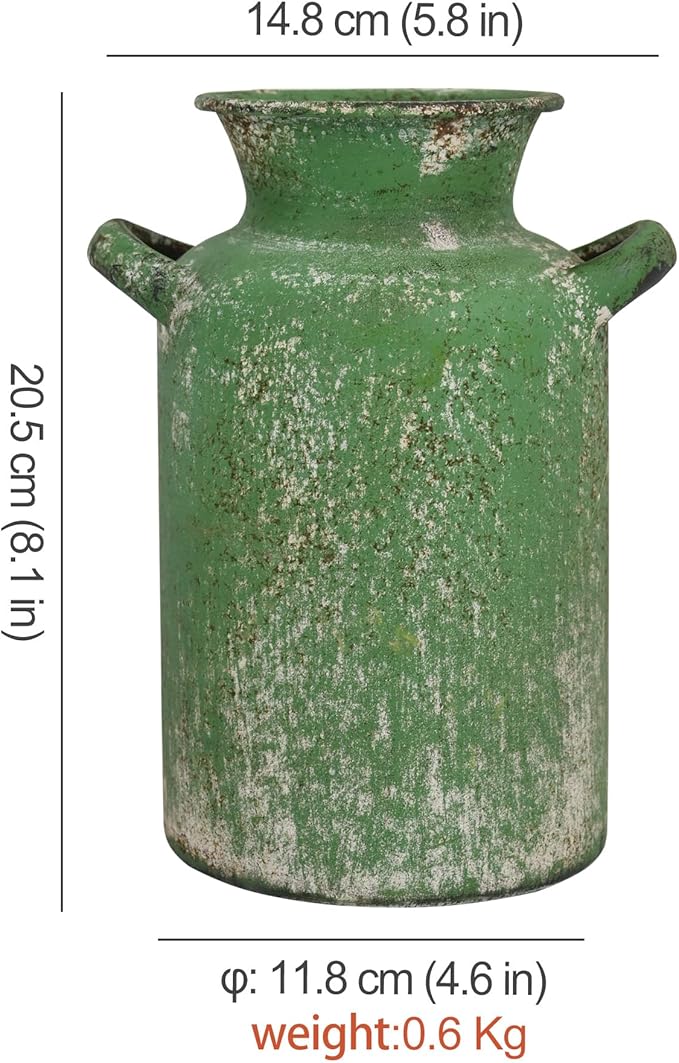 Rustic Vintage Metal Flower Vase for Decor Milk Jug Small Vases for Flowers Kitchen Decorations, Cylindrical,Perfect for Kitchen, Dining Room, Living Room,Housewarming Gift(Green)