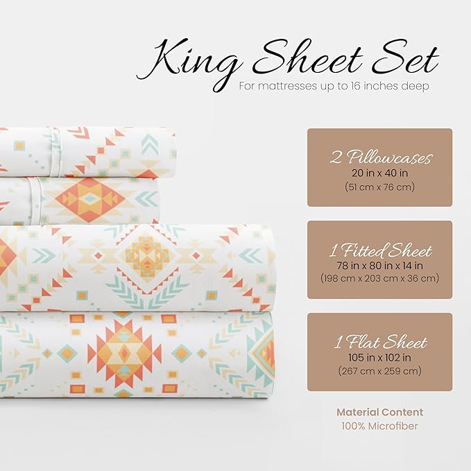 Linen Market Patterned Microfiber King Sheet Set 4 Piece – Oeko-TEX Certified Ultra Soft & Wrinkle-Free - 16" Deep Pocket Sheets - Easy Care King Size - Aztec Dreams Coral