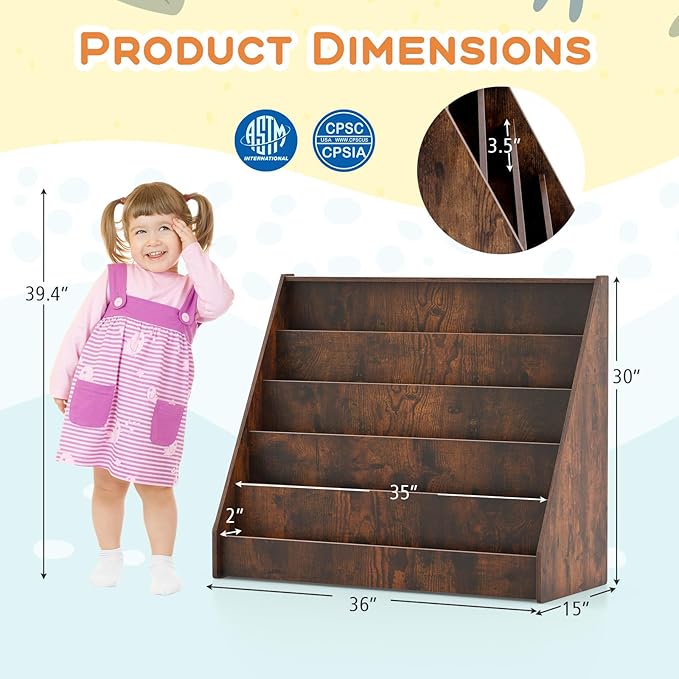 Costzon 5-Tier Kids Bookshelf, Wooden Children Bookcase, Toddler Book Rack, Magazine Storage & Display Shelf, Book Shelf for Kids Room, Living Room, Nursery, Classroom (Brown)