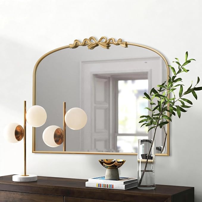 Besdomus Antique Arched Large Mirror: 36"x29" Gold Bow Vintage Wall Mounted Mirror - Baroque Traditional Ornate for Fireplace/Bathroom/Entryway - Home Decor for Fashion-Conscious