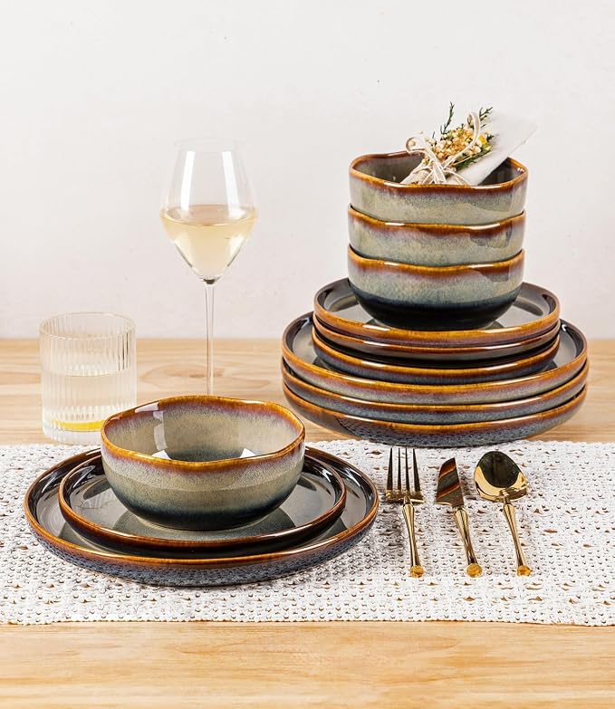 TheTerra Ceramic Dinnerware Sets for 8, 24 Pieces Porcelain Lightweight Plates and Bowls Sets, Scratch Resistant Dish Set, Oven & Microwave & Dishwasher Safe, Coffee Bean