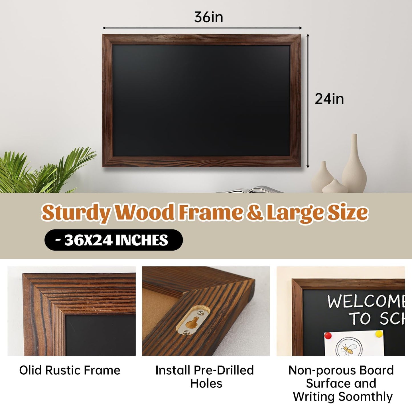 Skiennix Magnetic Chalkboard - 24 x 36 Inch Solid Wood Frame | Versatile Wall-Mounted Board for Kitchen & Restaurant