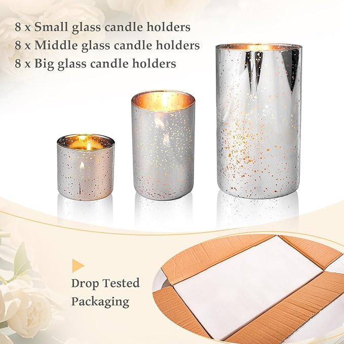 CHILL RECIPE Silver Cylinder Vases Glass Candle Holders Bulk, Mercury Hurricane Candle Holder Small Flower Vases for Centerpieces Tea Light Pillar Votive Candles Wedding Decor Party (8 Set 24Pcs)