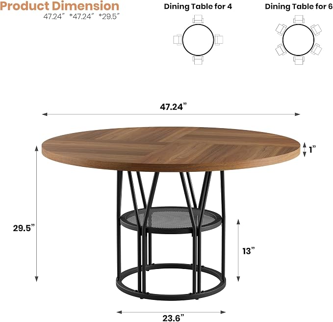 Garvee Round Dinning Table for 4-6 - 47" Circle Dinner Table with Storage Shelf & Sturdy Metal Frame, Modern Breakfast Tea Tray for Kitchen, Living Room, Apartment, Office, Brown