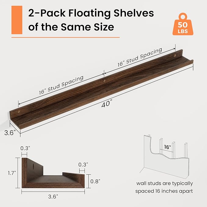 RICHFOCUS Picture Ledge Shelf, 40 inch Floating Shelves Set of 2, Wood Wall Shelves with Lip, Wall Decor Storage for Bedroom Living Room Bathroom Kitchen Nursery Photo Picture, Walnut