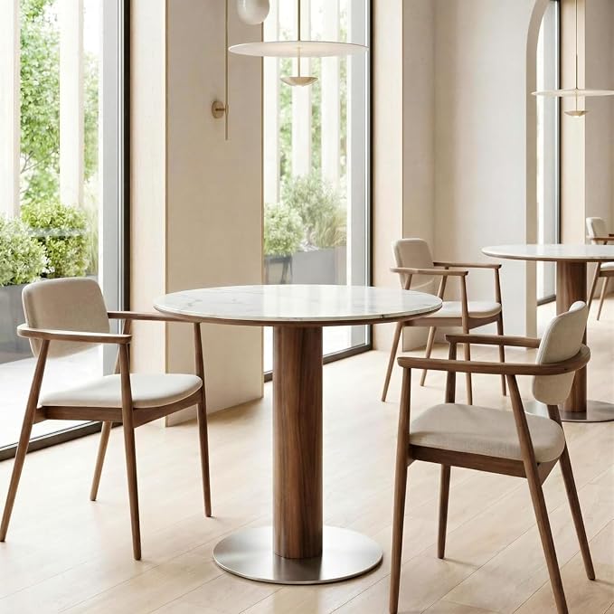 Round Dining Table, 31.5" Solid Wood Dinner Table with Thickened Top & Steel Pedestal, Mid Century Modern Bistro Table for Kitchen, Small Space, Living Room, Cafe, White & Walnut -Style A