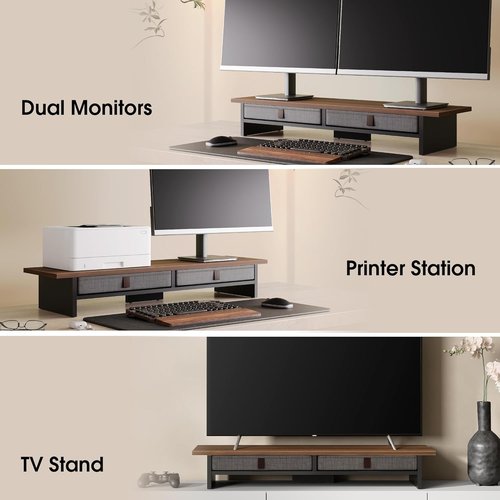 Fenge Dual Monitor Stand - 2-Tier Desk Riser with Drawer for 35 Inch Monitors | Home & Office Use